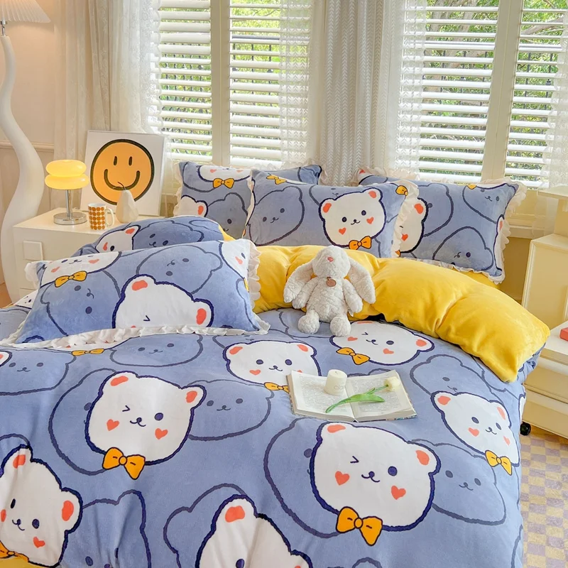 Cartoon Bear Milk Down Duvet Cover Super Soft Thick Bedding for Autumn and Winter Warm Skin-friendly Reversible Comforter Covers