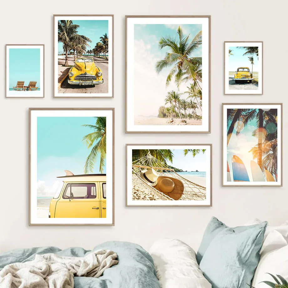 Sea Wave Beach Chair Tropical Coconut Surfboard Van Posters Nordic Wall Art Print Canvas Painting Pictures For Living Room Decor