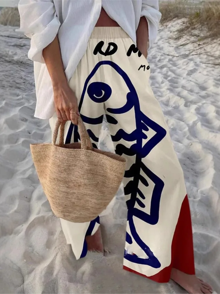 

Spring Summer Casual Trousers Loose Sports Wide-leg Pants Women Vintage Print Beach Party Holiday Casual Long Pant Women Clothes