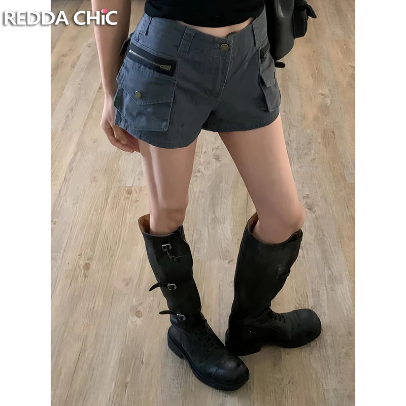 

ReddaChic Acubi Fashion Gray Denim Shorts Low Rise Pockets Cargo Cropped Jeans Tight Bootypants Harajuku Summer Women Streetwear