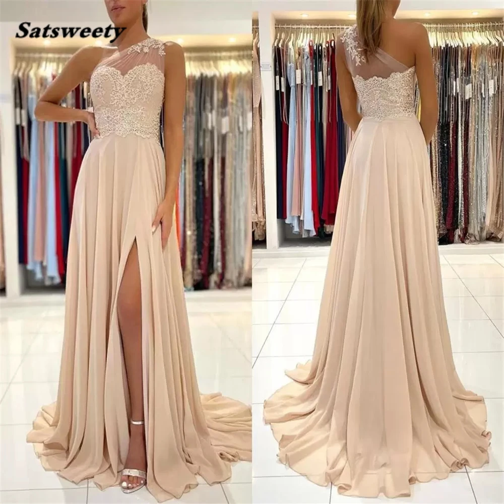 

Champagne Chiffon One Shoulder Evening Prom Dresses A Line Sheer Straps Appliques Long Bridesmaid With Split vestidos de gala