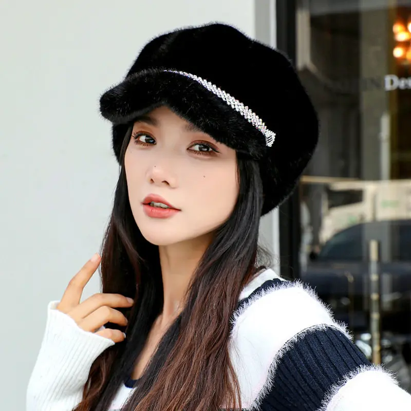 Women Peaked Cap Autumn Winter Warm Faux Fur Hats Casual Plush Beret Outdoor Anti-cold Earflap Duckbill Caps