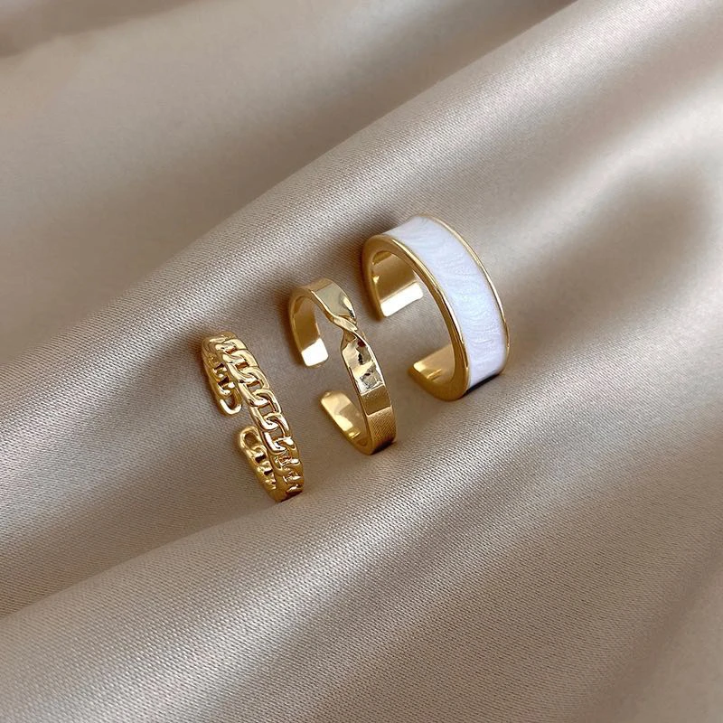 3pcs/set Bohemian White Enamel Round Metal Ring Sets Geometric Twist Open Adjustable Rings Sets for Women Girl Wedding Jewelry