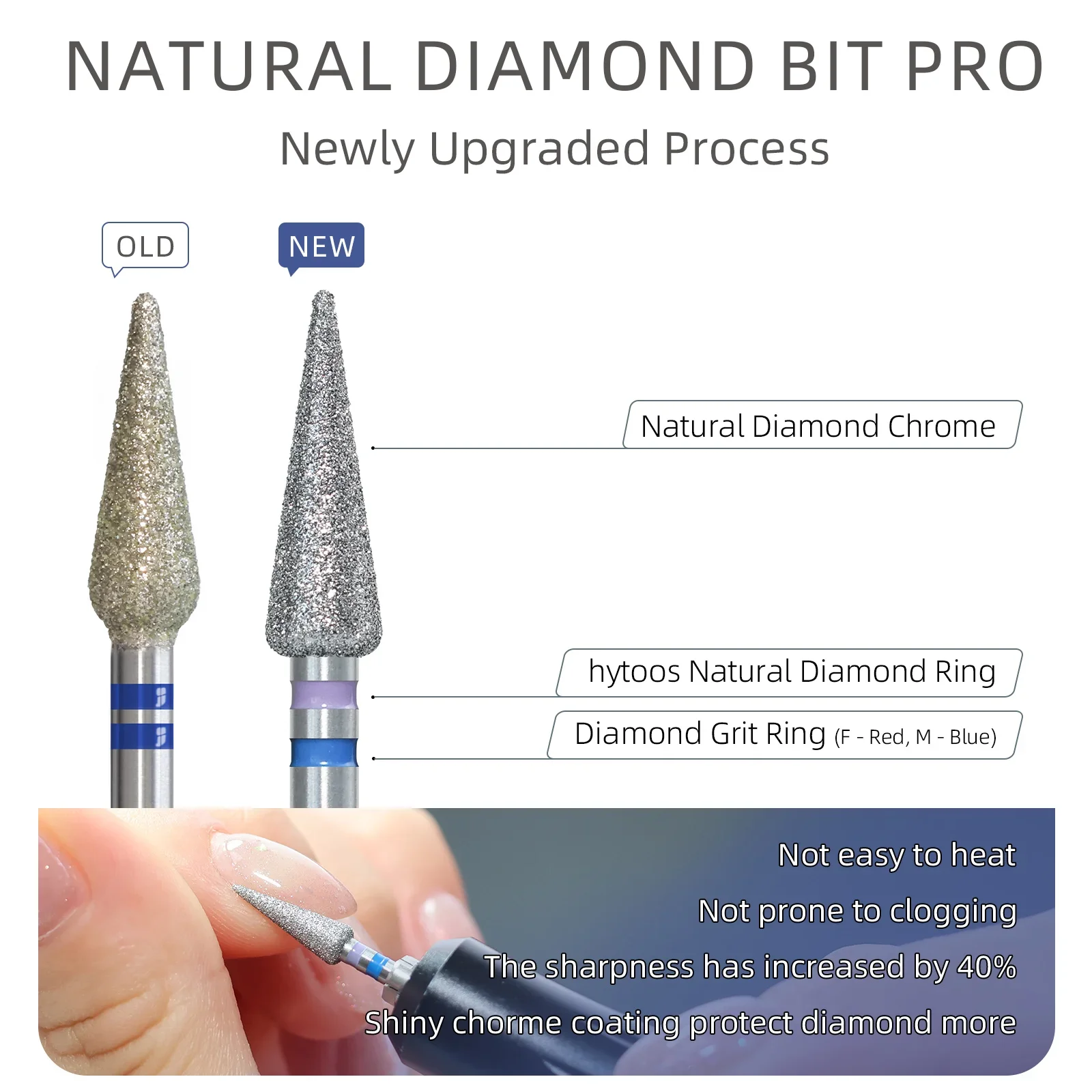 HYTOOS Bud Natural Diamond Nail Drill Bits Pro 4*12mm Stainless Steel Cuticle E File Bits for Nail Prep Sidewalls Manicure Tools