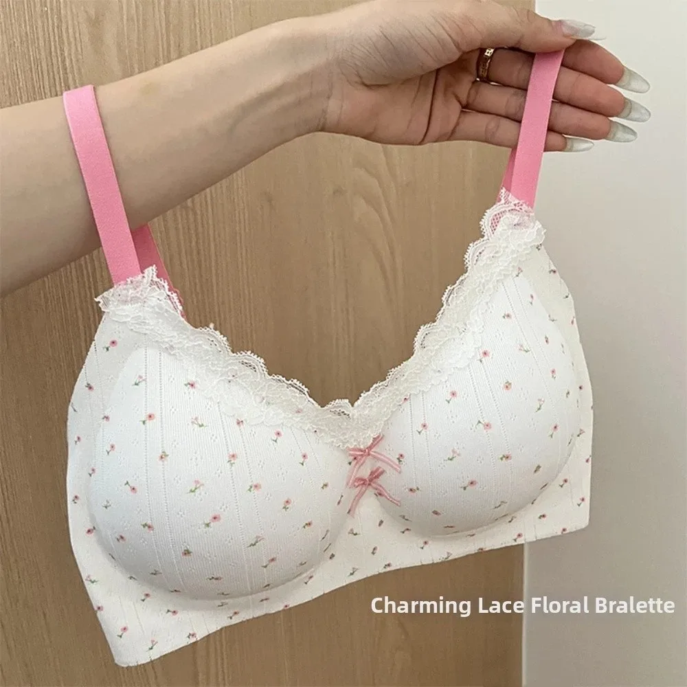 Traceless Lace Wireless V Bra Dots Pattern Flower Bow Brassiere for Women Lingerie Anti-sagging Lace Floral Print Bra Running