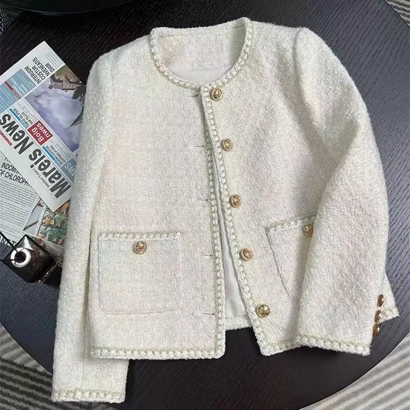 Round Neck Woolen Temperament Chic Short Coat Chic Tweed Blazer Outerwear Blazer Women Spring Autumn Women Tweed Jacket