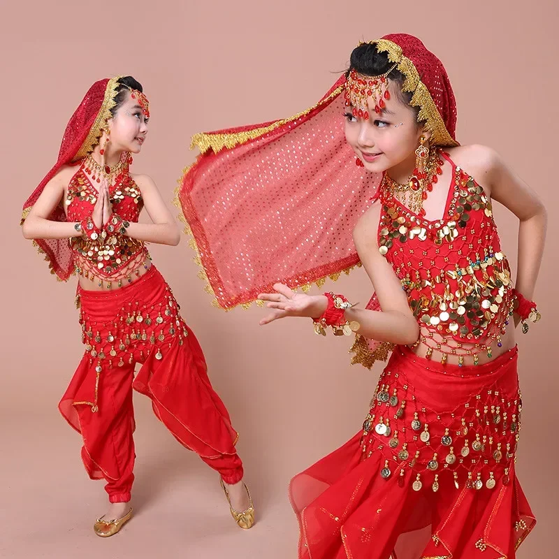 2017 new girls belly dance costumes for kids fashion indian clothes red/rose/yellow arabian belly dancer costume