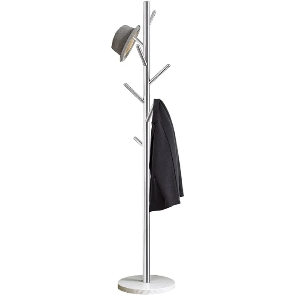 

Metal Coat Rack Stand Satin Steel Finish Stable Marble Base Standing Entrance Hall Living Room Furniture Home