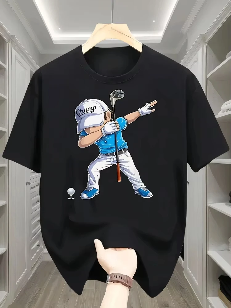 2026 Men Black Crew Neck Tee Golf Player Cartoon Print Loose Oversized Short Sleeve Mens Streetwear Summer Casual Basic Top