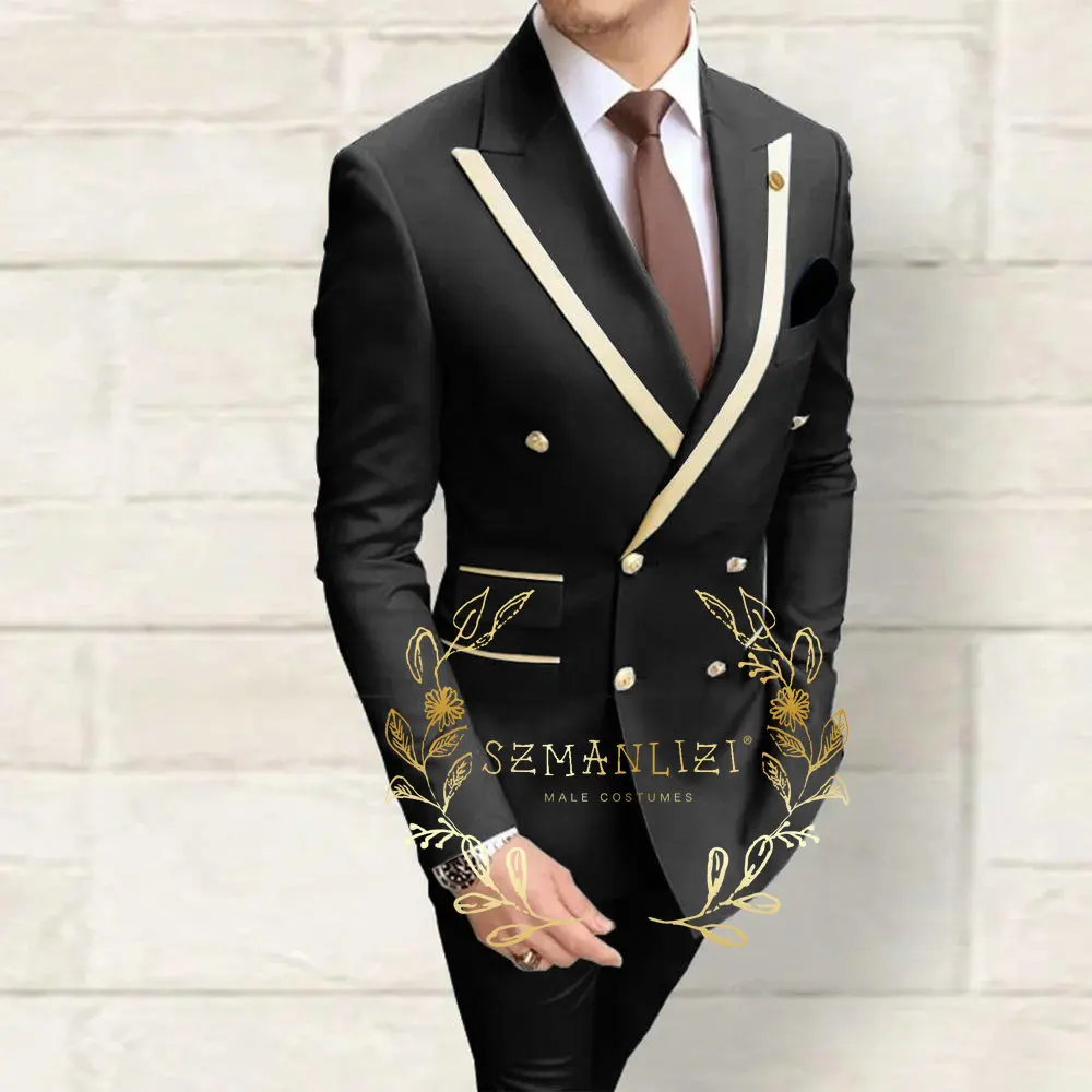 Double Breasted Men\'s Suits Navy Blue Peaked Lapel Slim Fit Wedding Groomsmen 2 Piece Sets Jacket Pants Costume Homme