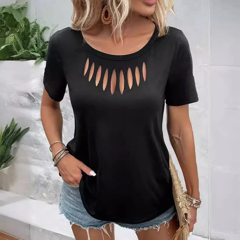 

2025 Spring and Summer New Women's Solid Color Casual Fashion Chest Hollow Loose Short Sleeve T-shirt