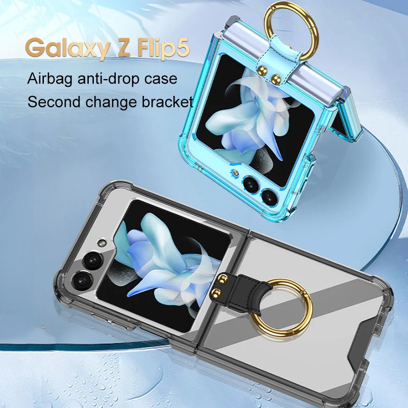 

Simple Four-corner Anti-drop Transparent Phone Case For Samsung Galaxy Z Flip 5 Folding All-inclusive Protective Cover With Ring