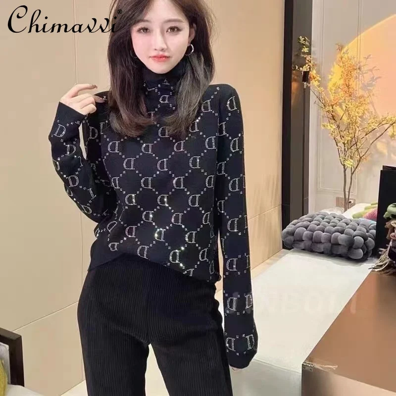 European Heavy Hot Drilling Fashion Letter Bottoming Shirt Women Autumn New Thick Slim Long Sleeve Black Slim Pullovers Knit Top