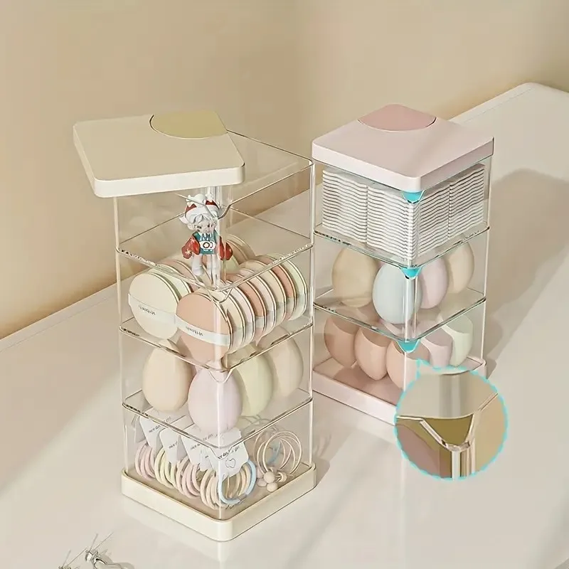 1pc Dustproof Rotating Makeup Organizer Box with Plastic Powder Puff Holder, Multi-Layer Air Cushion & Brush Shelf, Desktop Cosm