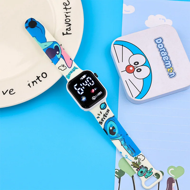 New Hello Kittle Stitch Cartoon Printed Key Led Watch Fashion Personality Square Elementary School Electronic Watch Strap