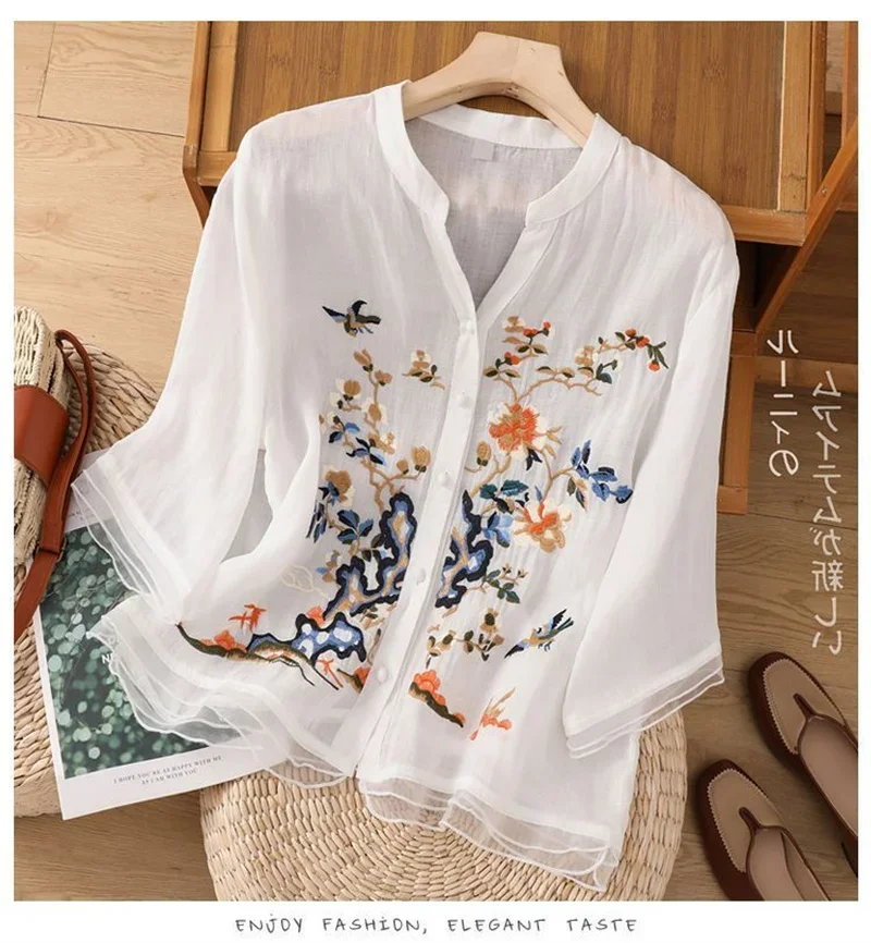 

Shirts and Blouses Women's Clothing Sales High-grade Cotton and Linen Blouse Women's Summer Embroidered Stitching Button Shirt