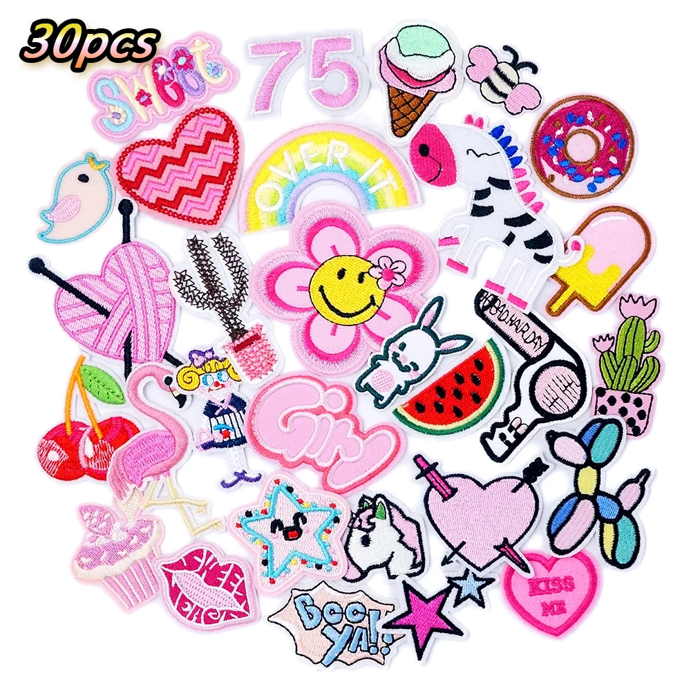 

30Pcs/Lot Pink Gril Flower Iron on Patches Applique Clothes Accessories Apparel Sewing Supplies Embroidered Patch Decoration