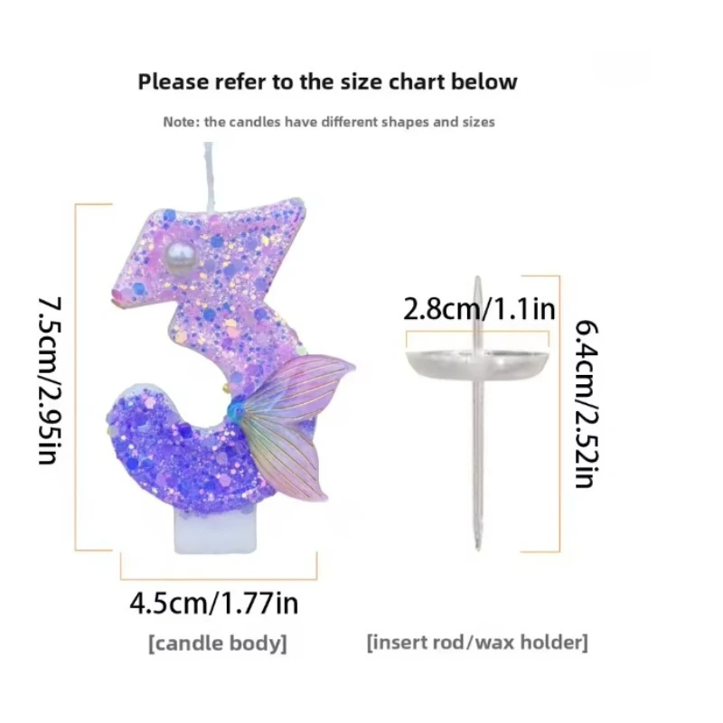 Glitter Purple Gradient Mermaid Tail Number Candles 0-9, Pearl Decor Birthday Cake Candle for Girls Birthday Party Decor view 2