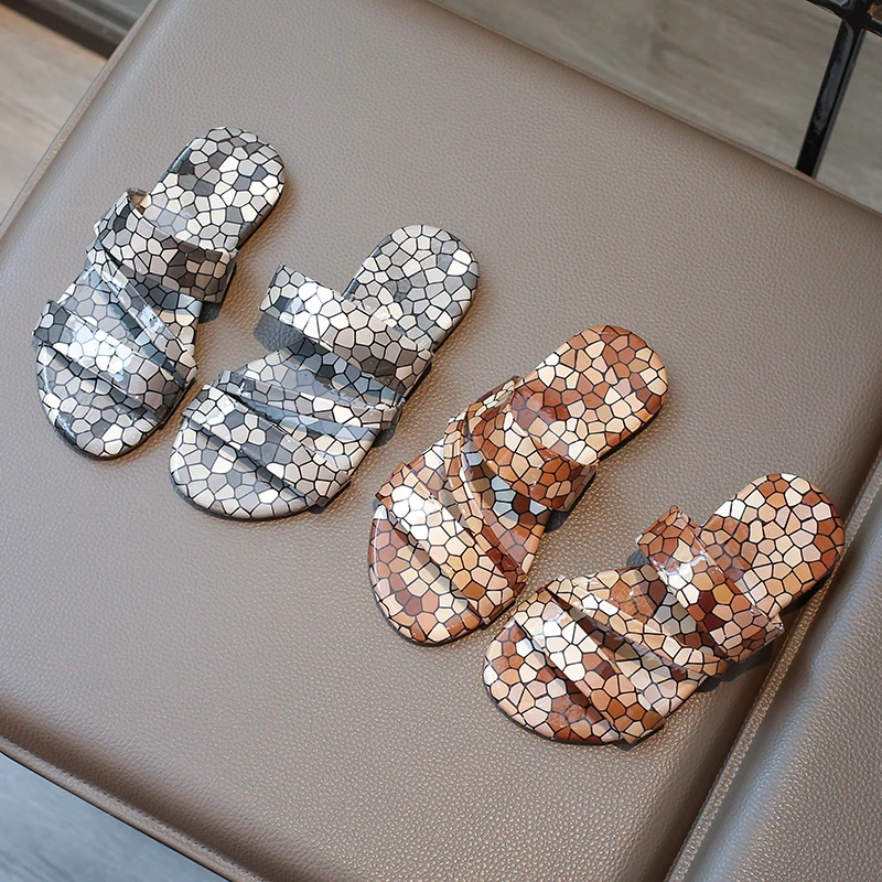 Children's Fashion Non-slip Soft Sole Flat Flip-flops Silver/brown Girls Summer Indoor PU Flip-flops Size 26-36