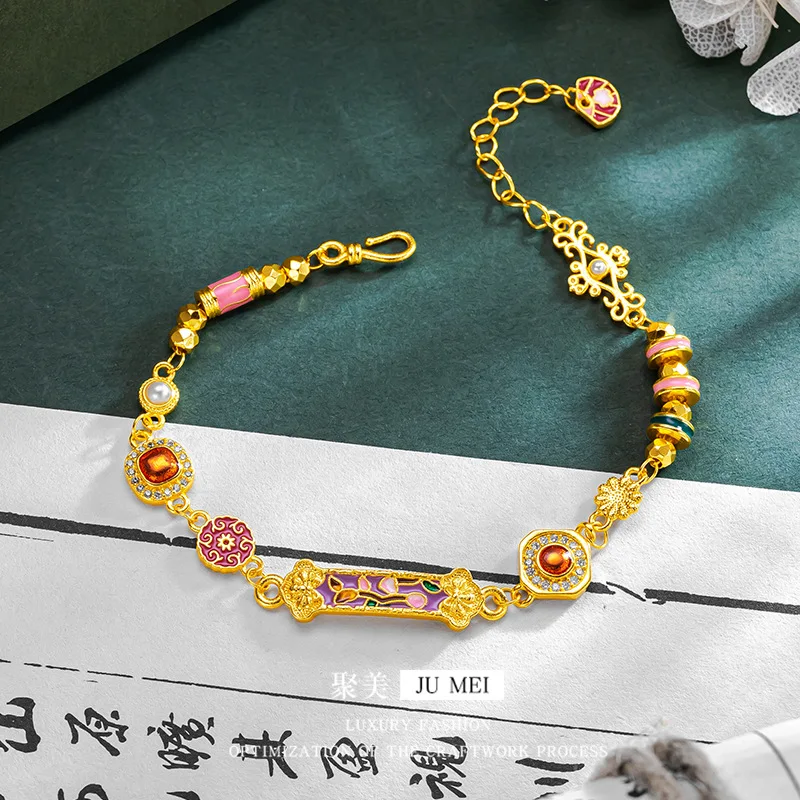 Fylia Jewelry  Luxury 24K real gold Burnt blue Peach DIY bracelet au9999 pure gold ancient burning blue craft hand brand retro c