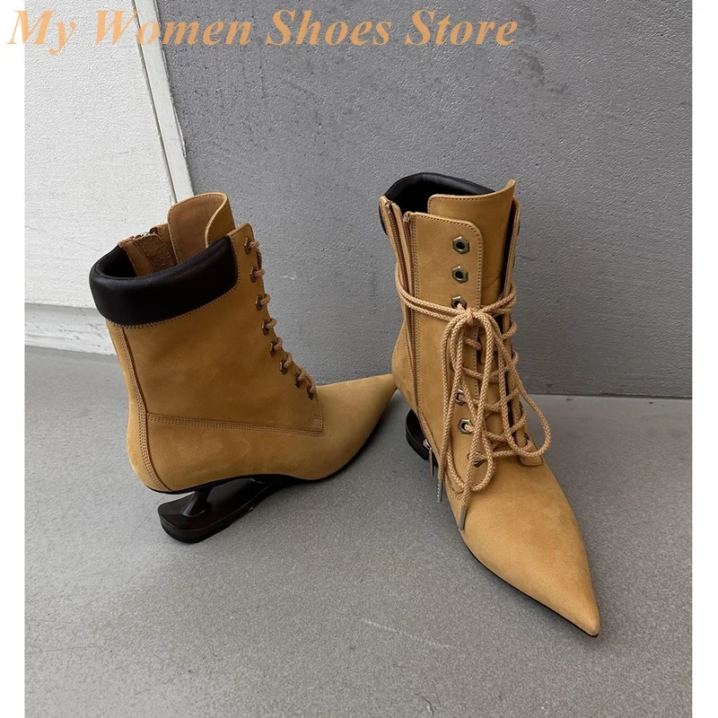 مدبب تو غريب نمط كعب الجوارب الدانتيل يصل سستة البني موضة الكاحل 2025 النساء الأحذية الصورة الحقيقية رائجة البيع المدرج الأحذية #6