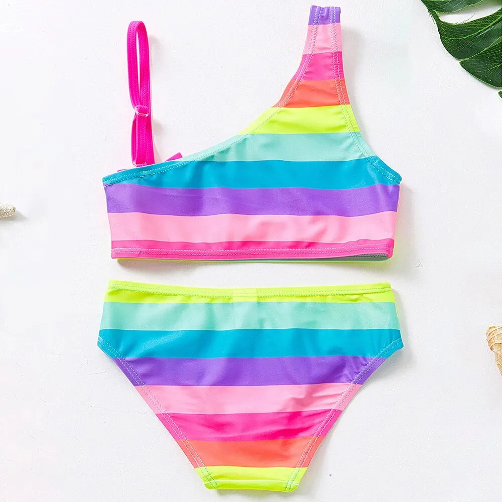 Set costume da bagno Bikini ragazza fiocco a righe arcobaleno