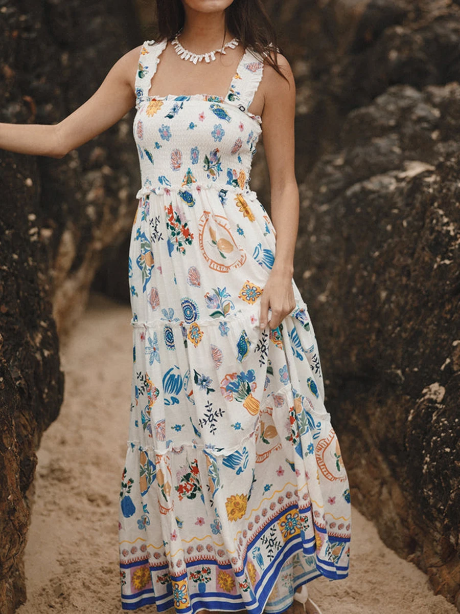 Vestido camisola largo con estampado Floral y frutal para mujer, traje de moda con Espalda descubierta, fruncido escalonado, corte A, sin mangas, para playa