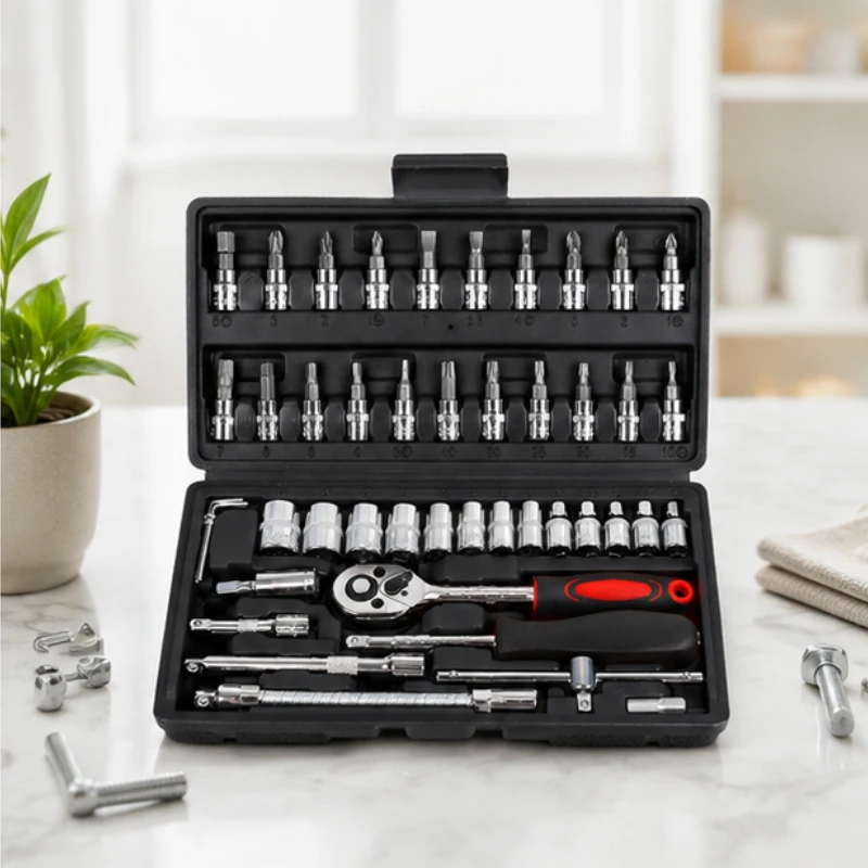 

Portable 46pcs vehicle repair tools ratchet wrench combo practical hardware kit for auto motorcycle routine maintenance use