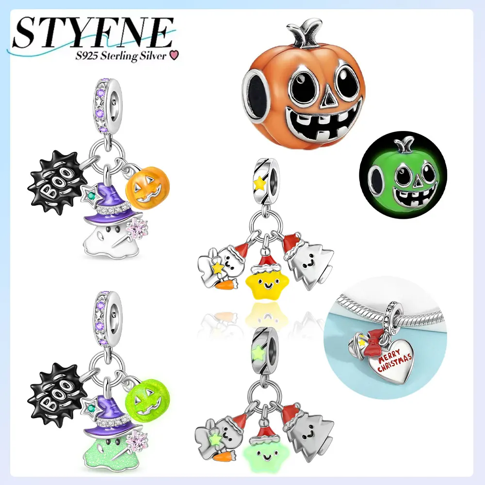 925er Silber vergoldet, Original-Charms, Weihnachtskürbis-Serie, leuchtende Weihnachtsbaum-Glocken, Perlen, passend für Armbänder, Damenschmuck, Geschenk