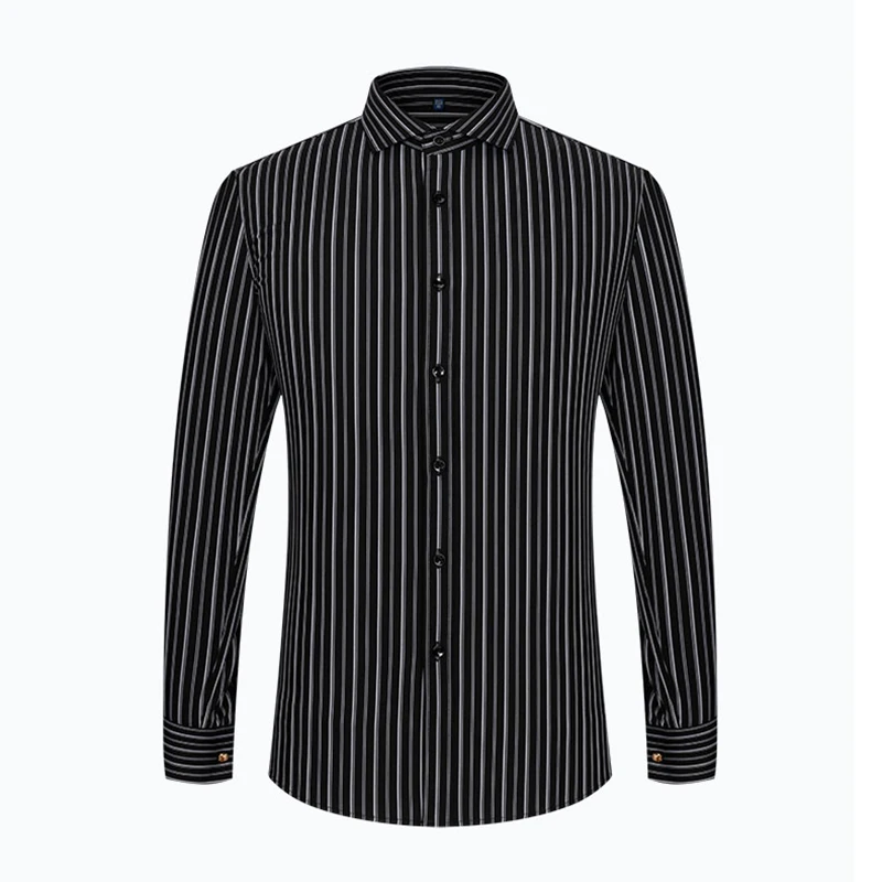 French Cuff Men\'s Long Sleeve Striped Dress Shirt Windsor Collar Luxury Male Business Formal Tuxedo Shirts with Cufflinks