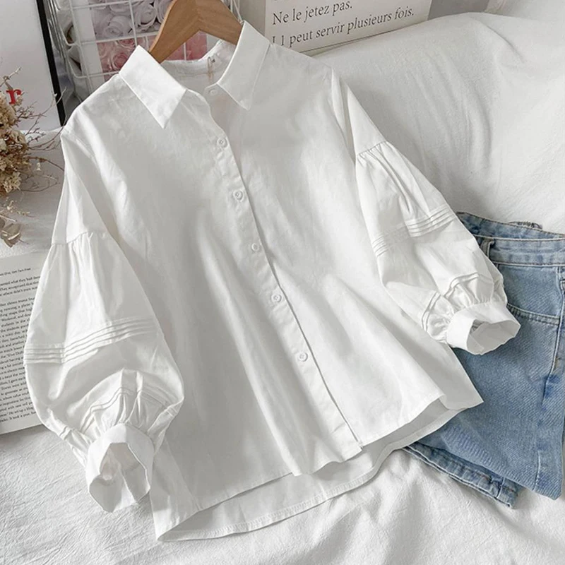 Womens Clothing 2023 Trendy Simple Casual White Cotton Button Shirts Spring Summer 3/4 Sleeve Kawaii Blouses Y2K Streetwear Tops