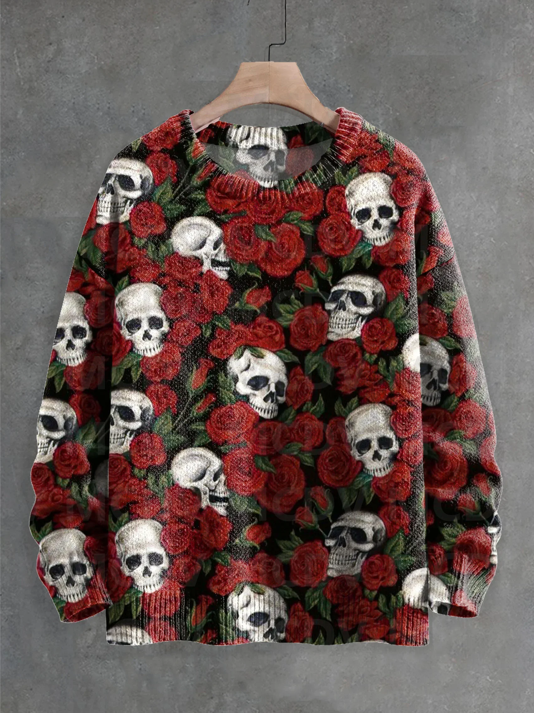 Vintage Death Skull Romantic Rose Print Knitted Pullover Sweater Men's For Women's Pullover