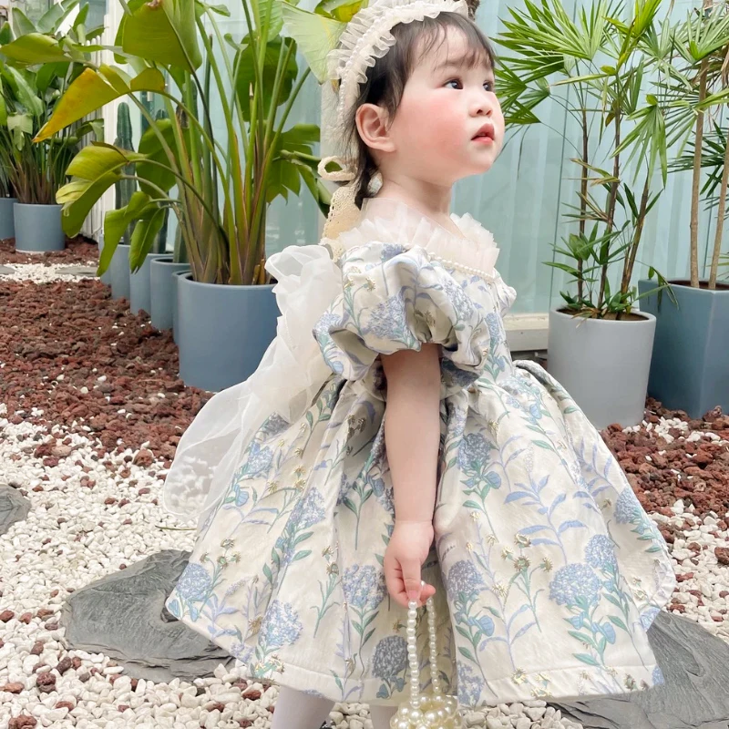 High-End Flower Turkish Girls Dresses for Easter Eid Kids Princess Ball Gown Evening Birthday Party Dress Bow Vintage Children