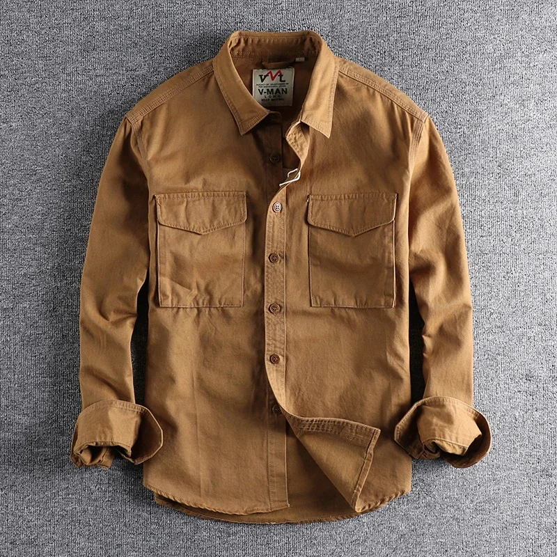 Men's retro washed solid color work shirt three-dimensional pocket trendy loose coat 204 khaki autumn new loose coat