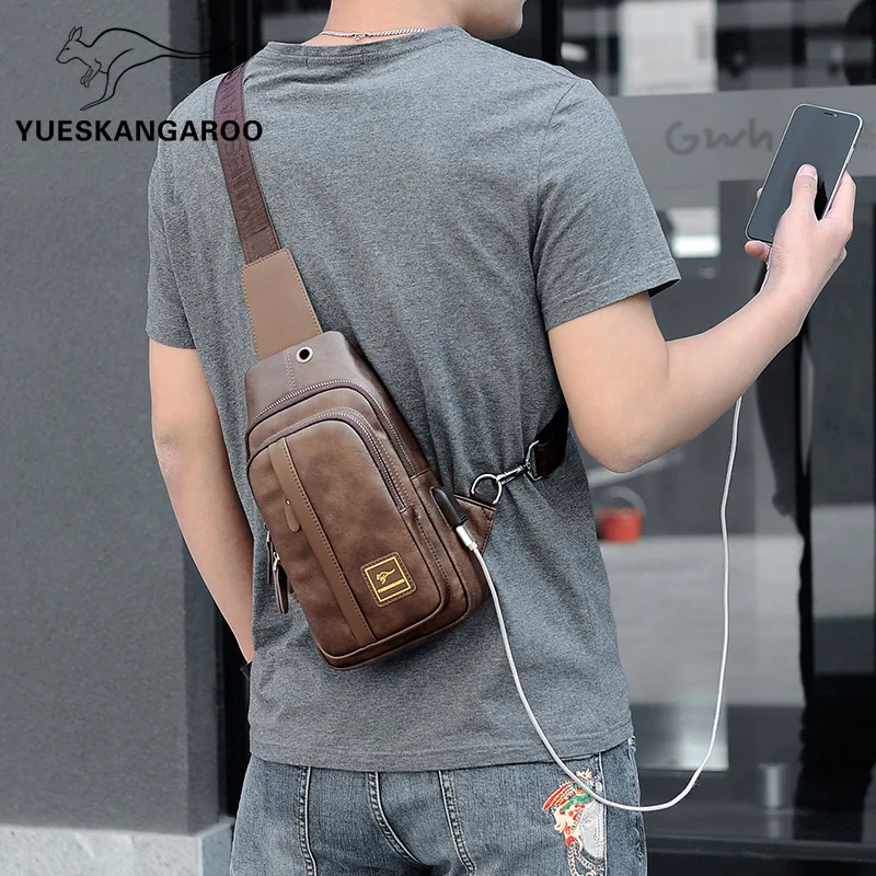 Portable Chest Bag for Man Fashion Wallet PU Leather Backpack Small USB Charging Chest Pack Cross Shoulder Necessaire Side Bag