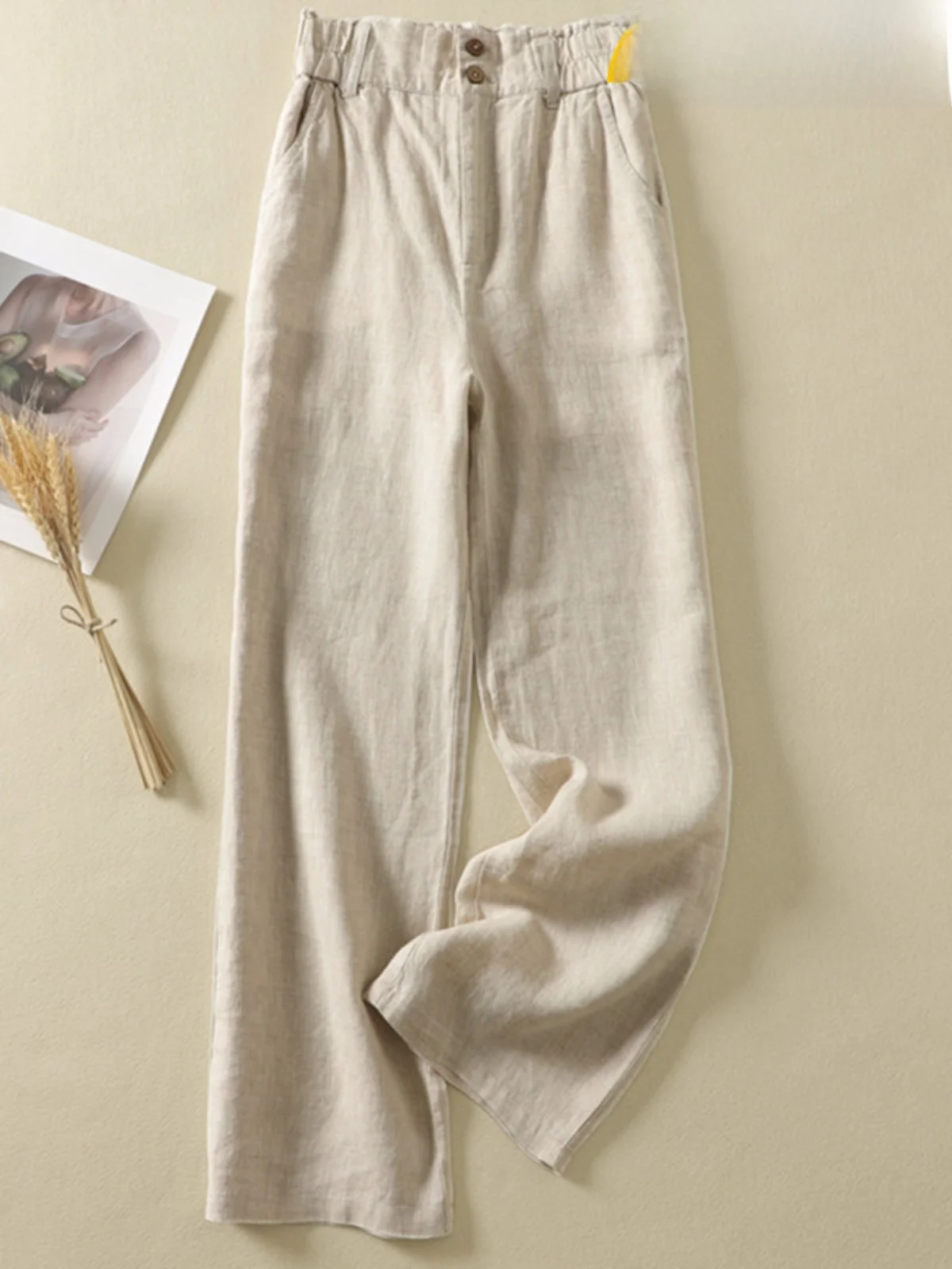 

Женские льняные брюки с высокой талией, свободного кроя, широкие штанины, прямой силуэт, длинные, повседневные, весна-лето, винтажный стиль, с декоративными элементами
