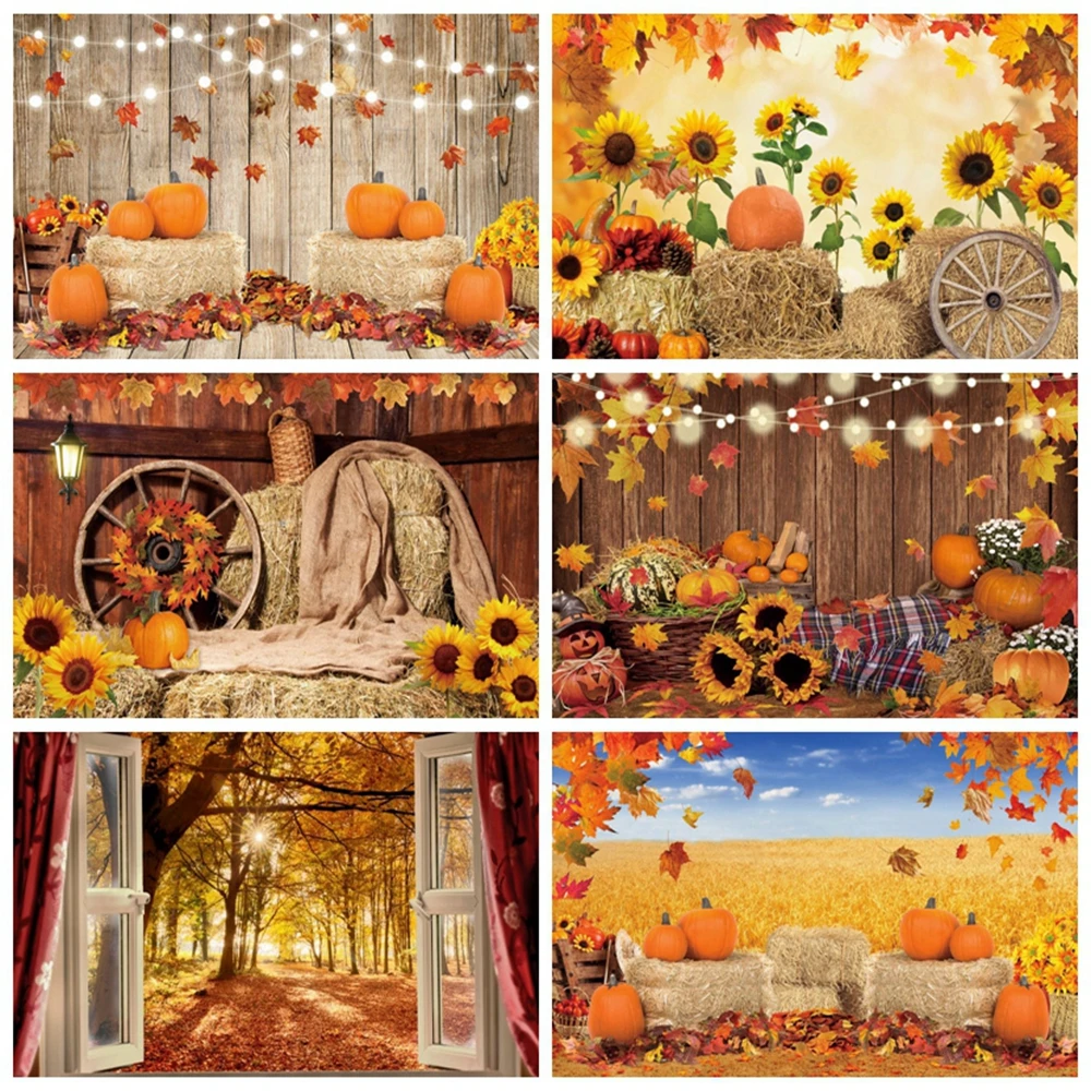 Autumn Nature Scenery Farm Warehouse Haystack Backdrop Fall Leaves Pumpkin Baby Portrait Photography Background Photocall Studio