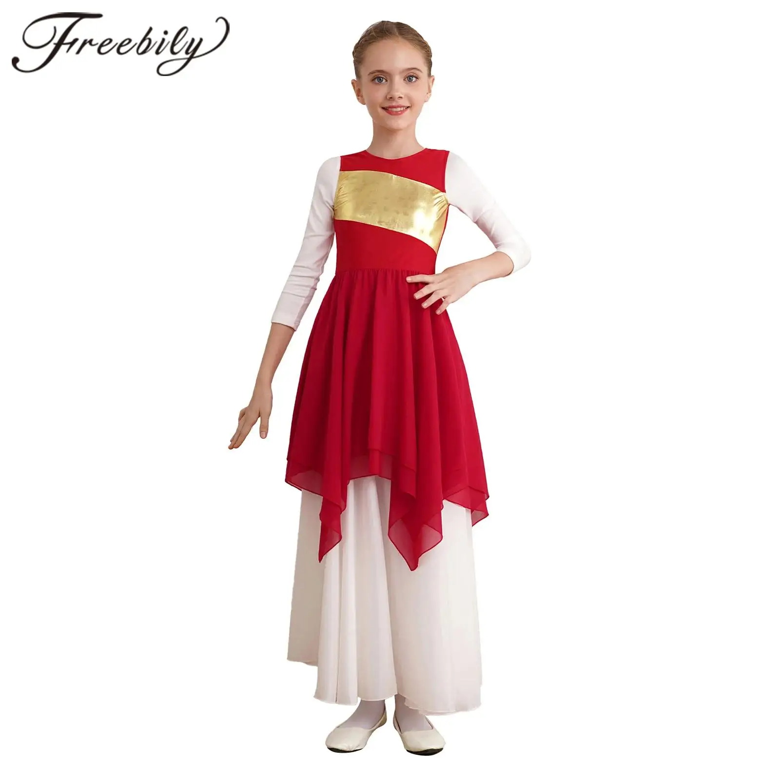 Kids Colorblock Lyrical Dance Dress Dancewear for Girls Sleeveless Asymmetric Hem Dresses Celebration Worship Liturgical Costume