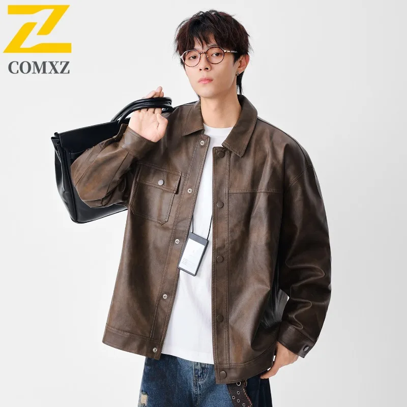 

COMXZ American Vintage Retro Leather Coat Men Loose Plus Size 2025 New Street Cool Motorcycle Turn Down Collar Jacket Price 219