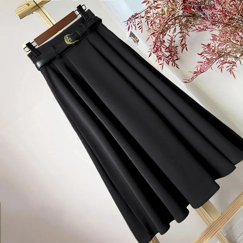 

New Fashion Pleated Skirt Women High Waist Office Lady Solid Color A-line Elegant Black Long Skirt College Student Jupe
