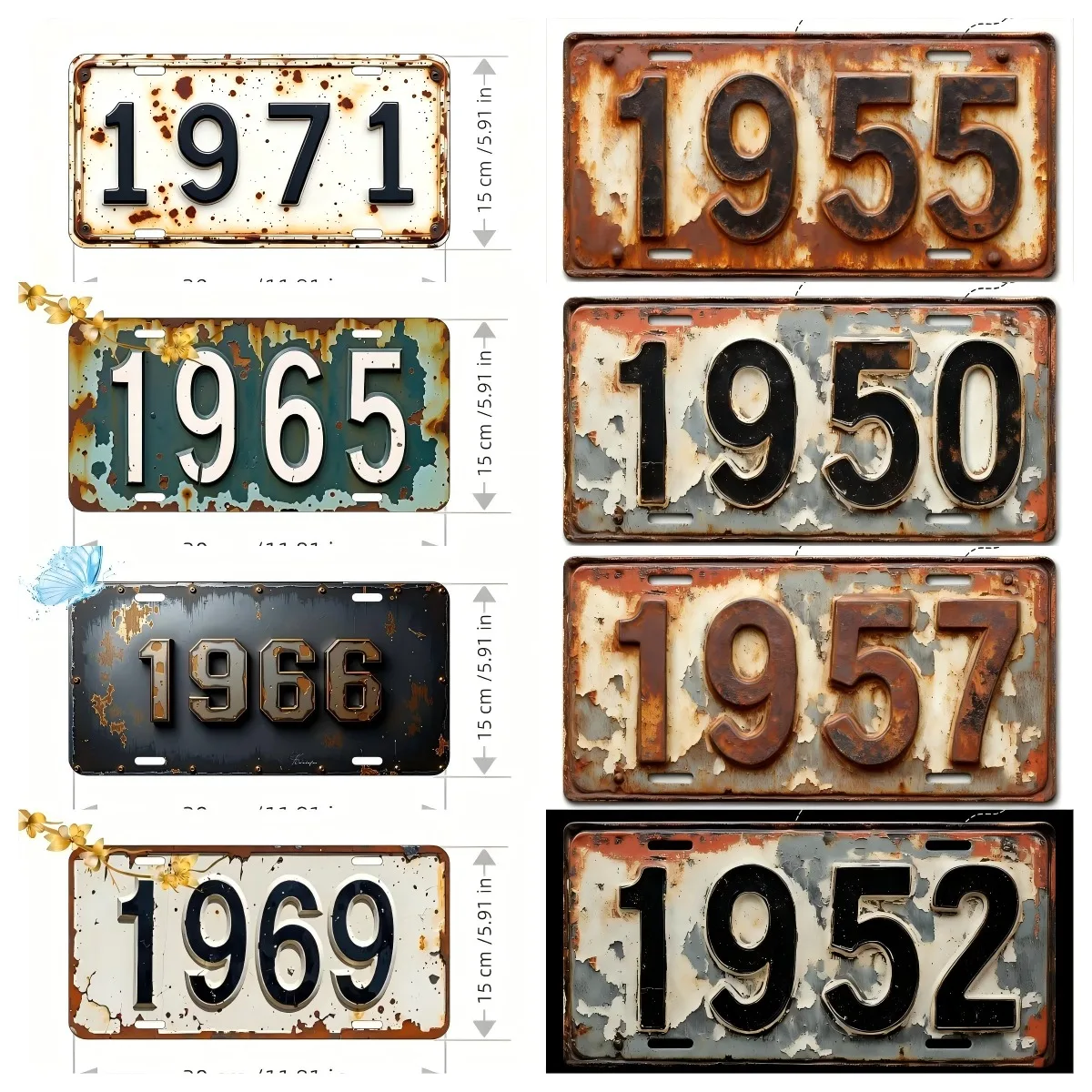 Juego de placas de matrícula de aluminio metálico con efecto oxidado y desgastado, estilo vintage retro, con números de año d
