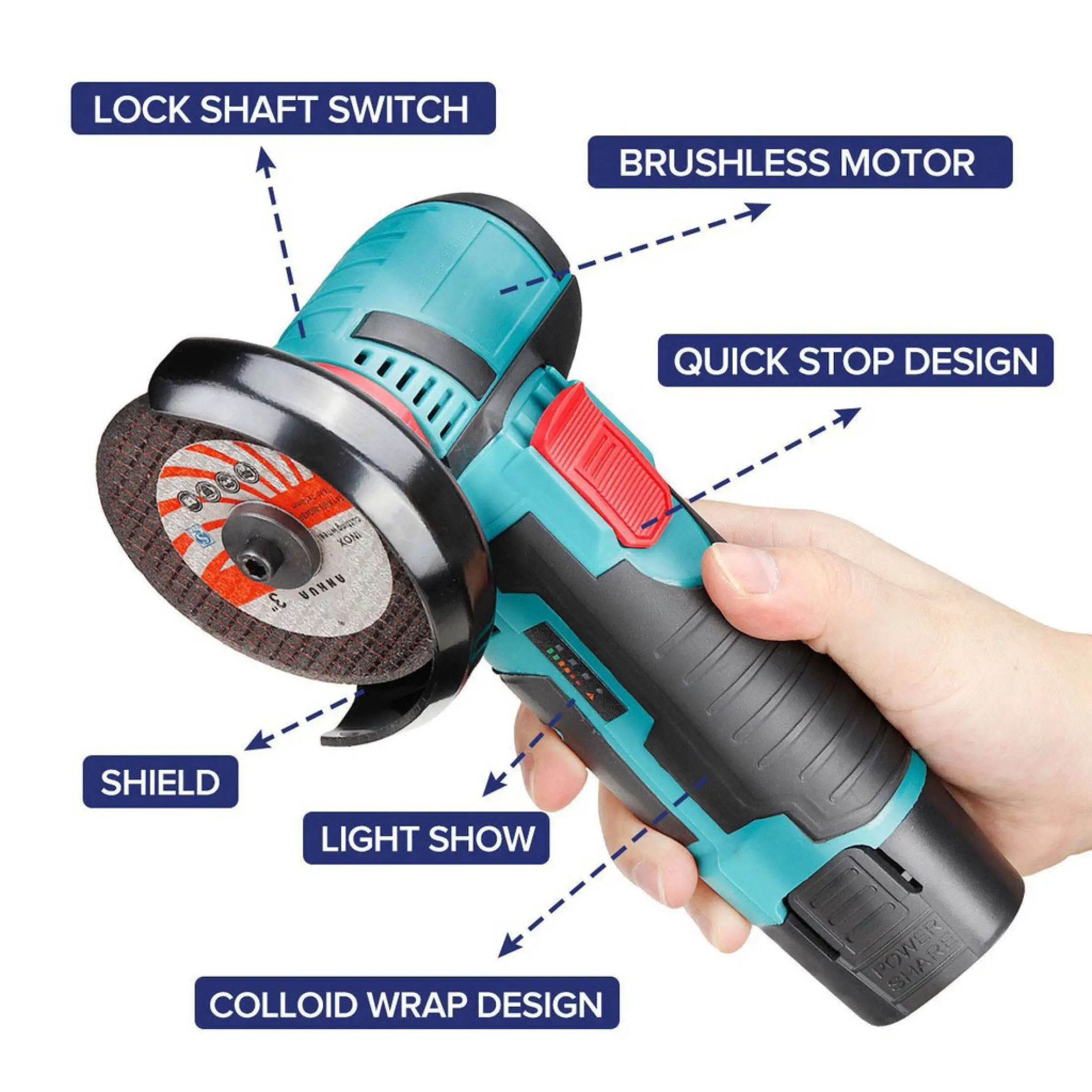 Drillpro 12V /18V Brushless Angle Grinder 75MM 19500rpm Electric Polishing Grinding Mini Cordless Diamond Cutting Disc Grinder