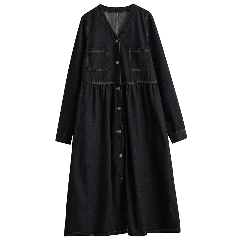 Fall Winter Denim V-Ne Dr High Waist Loose Long Sve A-Line Long Dr Slimming Pleated Commute Sle Retro Skirt