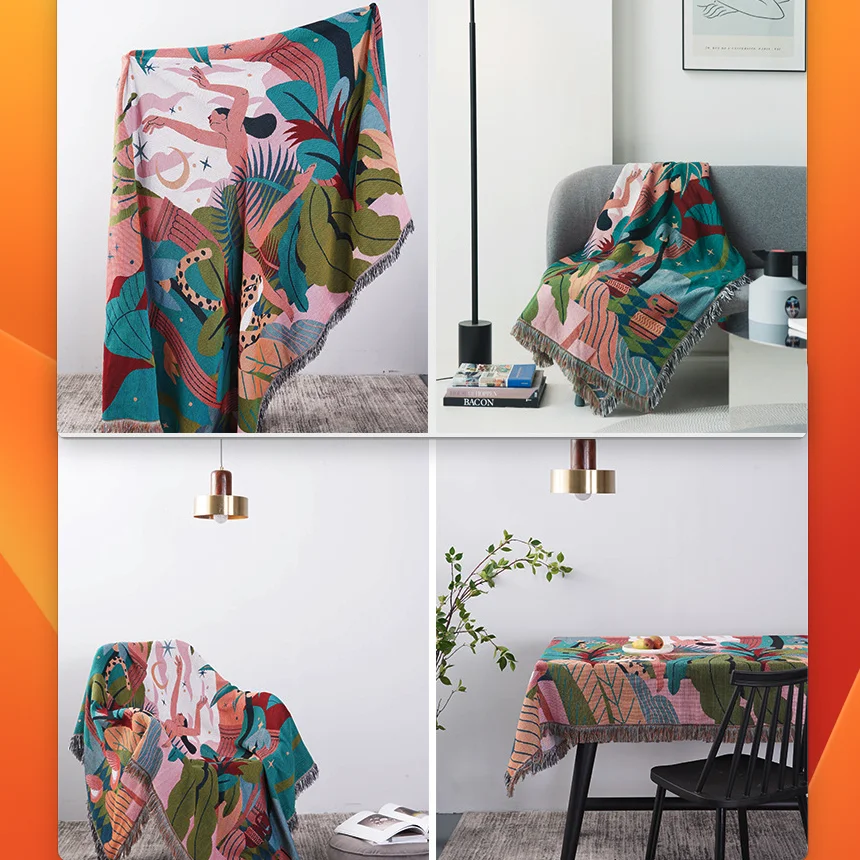 Têxtil City Tropical Jungle Dancer Throw Blanket Two Side Sofa Covers Trend Tassel Dust Cover Ins Home Decorative Leaves Tapestry