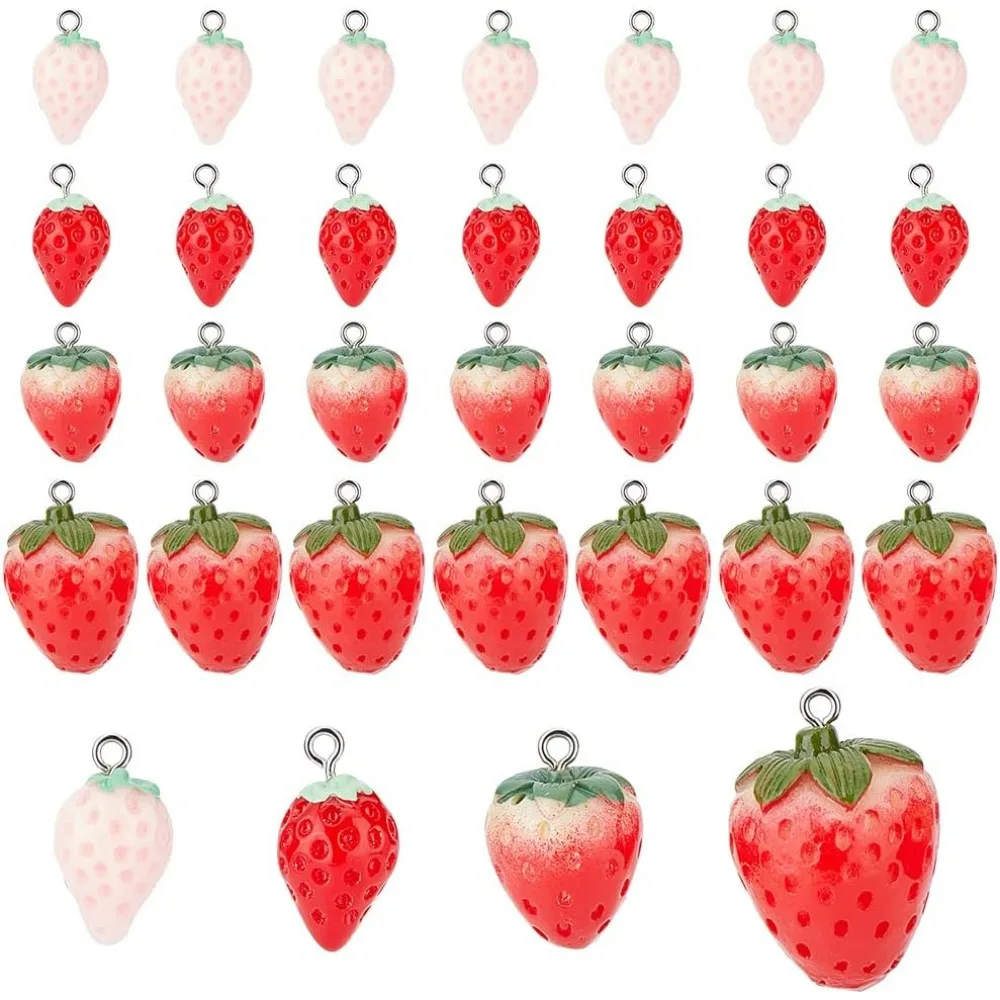 32Pcs Resin Strawberry Pendants Simulation Strawberry Charm 3D Strawberry Hanging Pendant Opaque Resin Pendants with Loops for