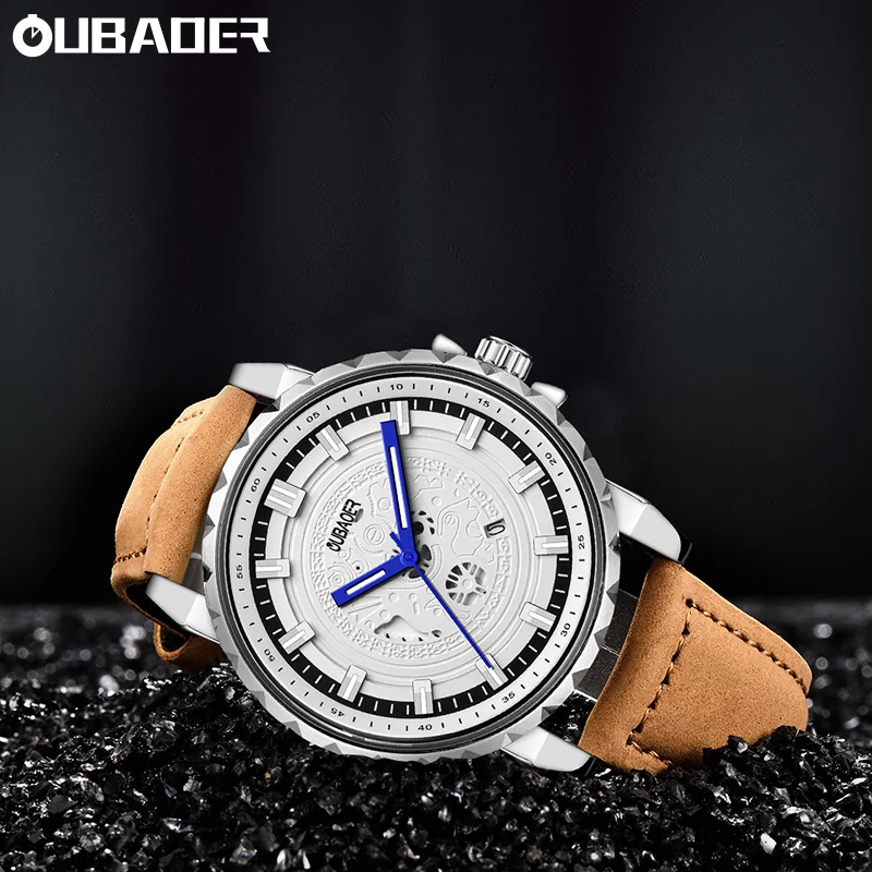 OUBAOER Men's Modern Architectural Design Men Quartz Wristwatch Features Neat Masculine Dial Genuine Leather Strap Clock