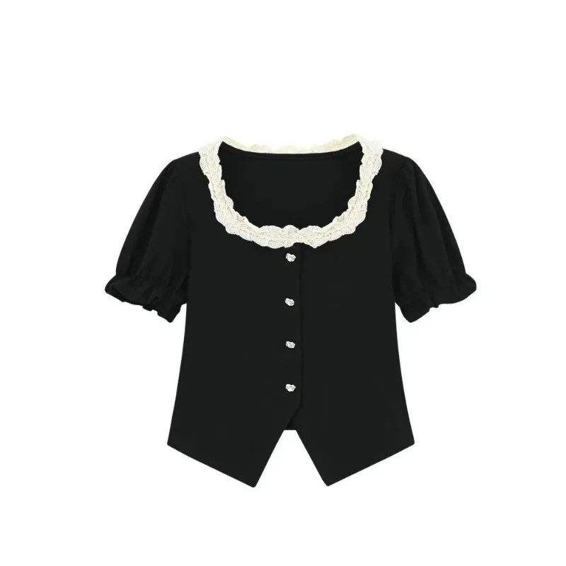 

French Square-neck Women's Summer Short-sleeved T-shirt with Lace Trim for a Slimming Effect