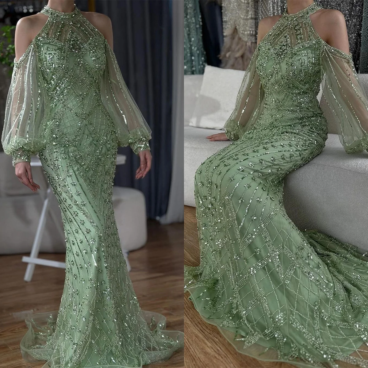 

Luxury Mermaid Evening Dresses Halter Neckline Long Sleeves Mermiad Prom Party Gowns Customized Sweep Train Robe for Photo Shoot