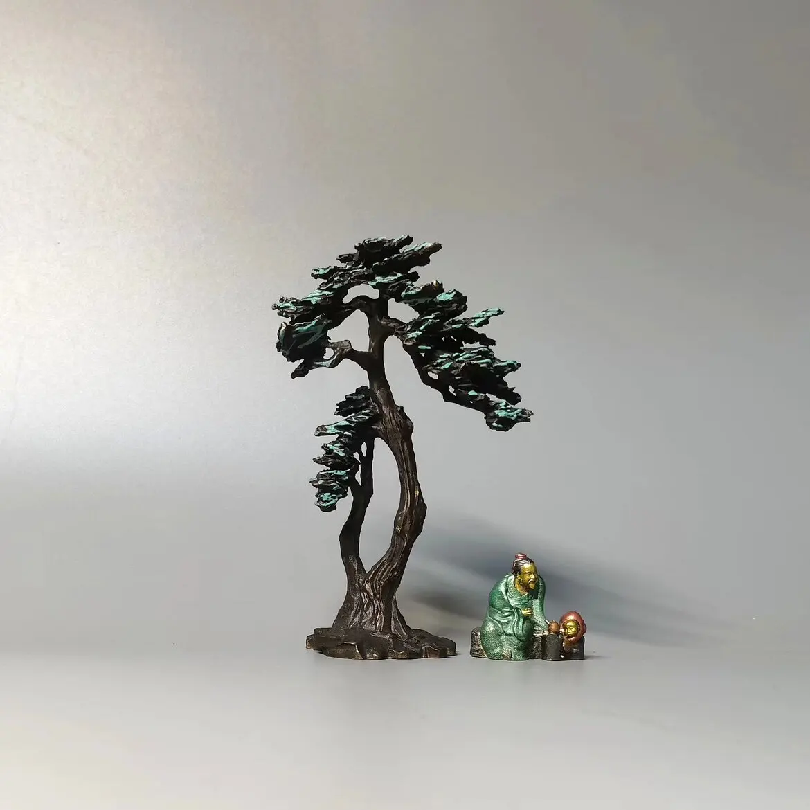 Lu Yu Is Tasting Tea Brass Solid Painted Stone Bonsai Character Decoration Songfeng Song Painting Ancient Oriental Humanities