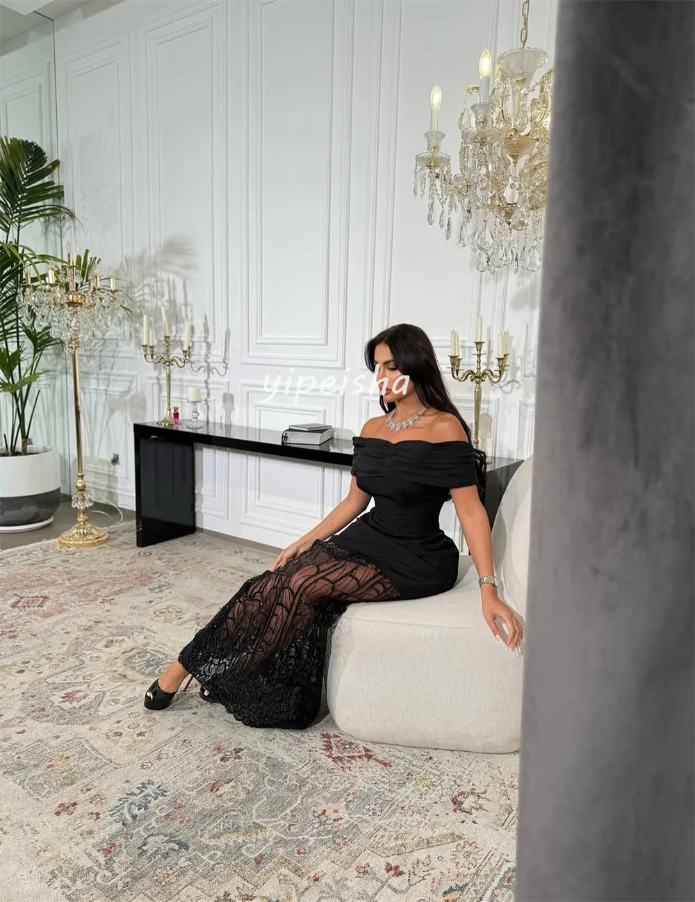 Customized Sexy Casual Jersey Pleat Ruched Beading Sequined A-line Off-the-shoulder Long Dresses Bespoke Occasion Dresses Retro